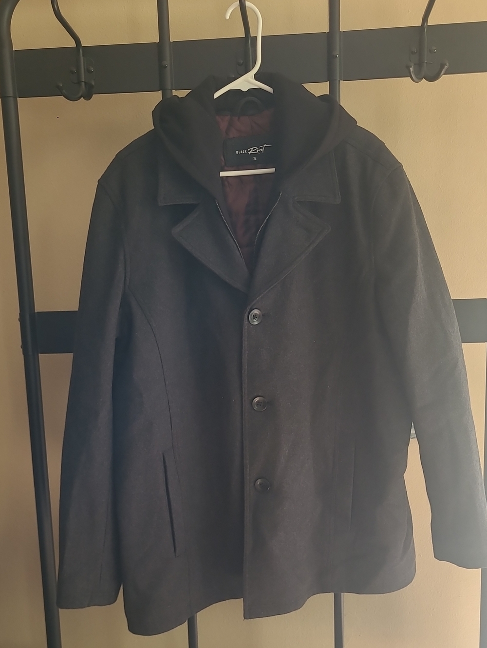 Black Rivet Men's Black Pea Coat with Removable Hood
